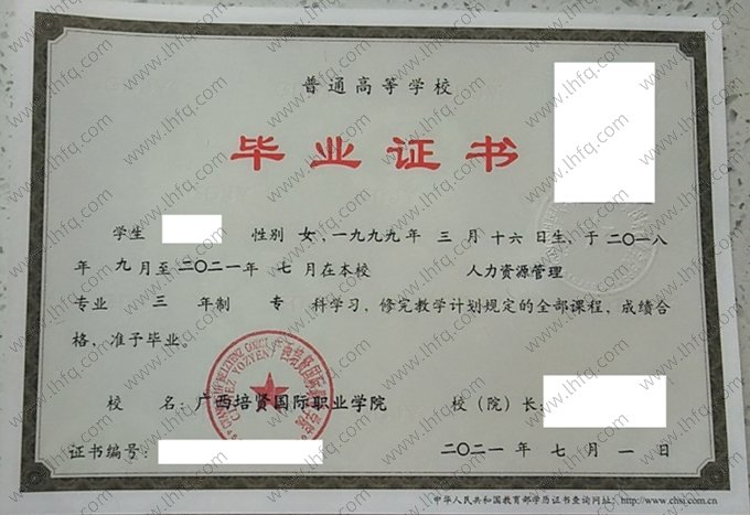 广西培贤国际职业学院2021年普通全日制专科毕业证书样本图片（人力资源管理）