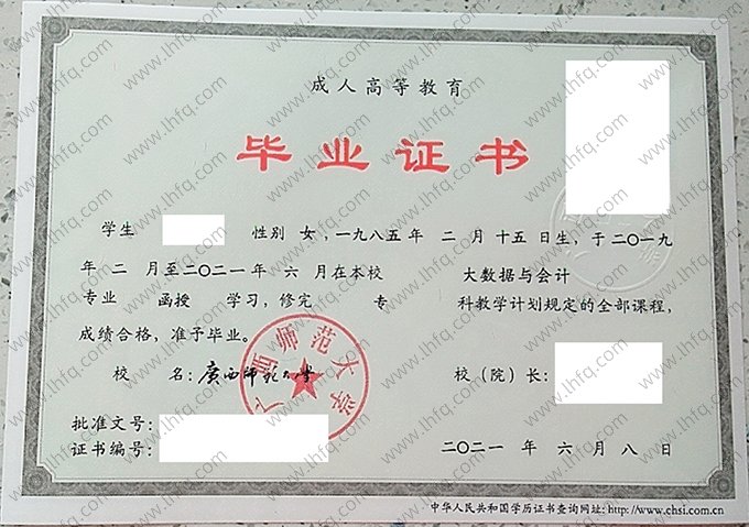 广西师范大学2021年函授专科毕业证书样本图片（大数据与会计）
