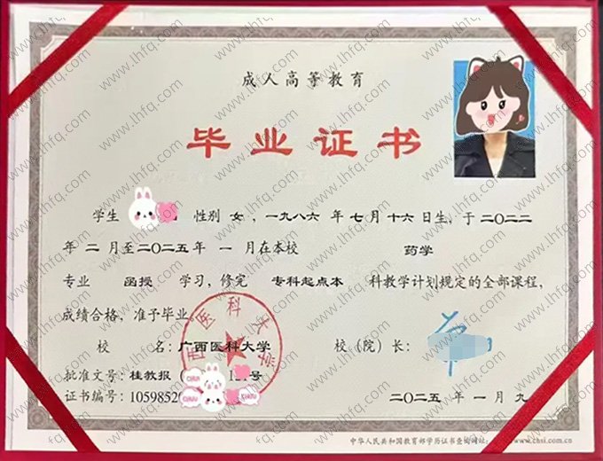 广西医科大学2025年函授专科起点本科毕业证书样本图片（药学）