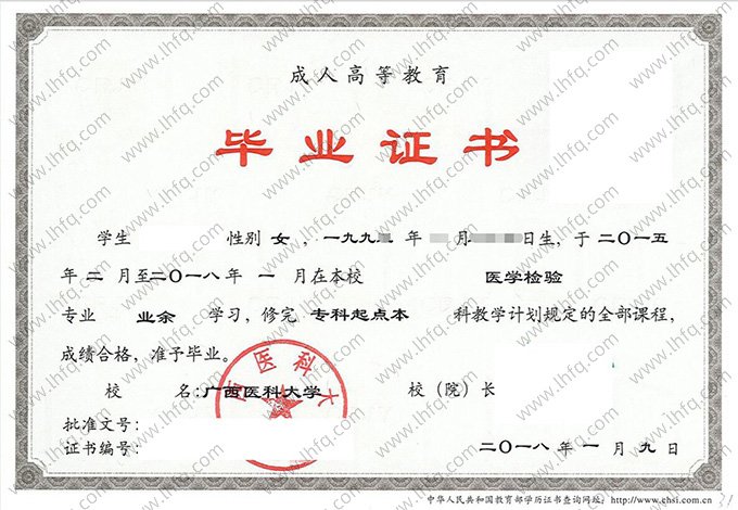 广西医科大学2018年函授专科起点本科毕业证书样本图片（医学检验）