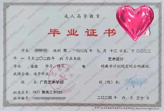 广西艺术学院2024年业余专科毕业证书样本图片（艺术设计）