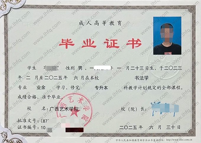 广西艺术学院2025年业余专升本科毕业证书样本图片（书法学）