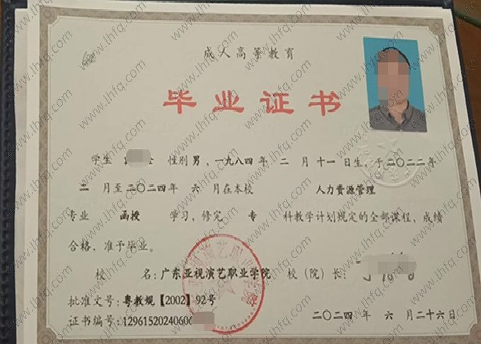 广东亚视演艺职业学院2024年函授专科毕业证书样本图片（人力资源管理）