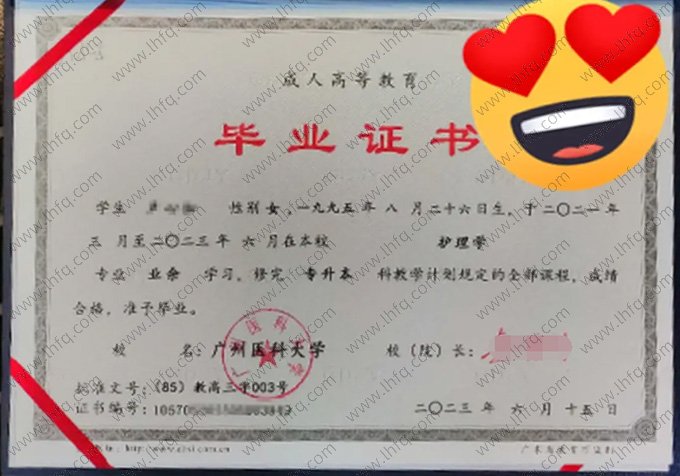 广州医科大学2023年业余专升本科毕业证书样本图片（护理学）