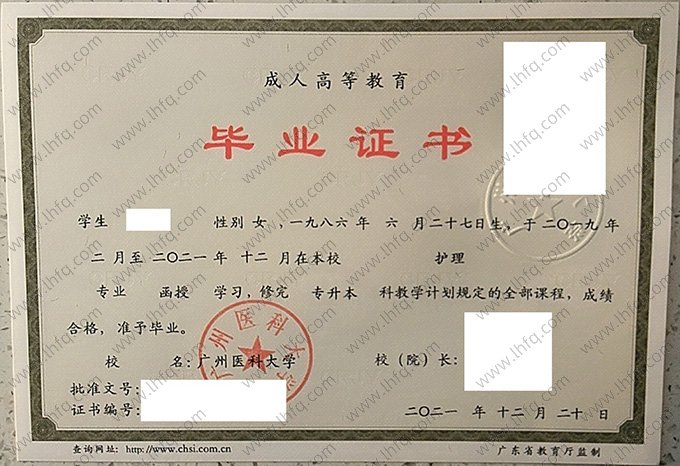 广州医科大学2021年函授专升本科毕业证书样本图片（护理）