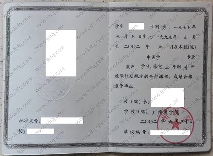 广州医学院2002年脱产专科毕业证书样本图片（中医学）