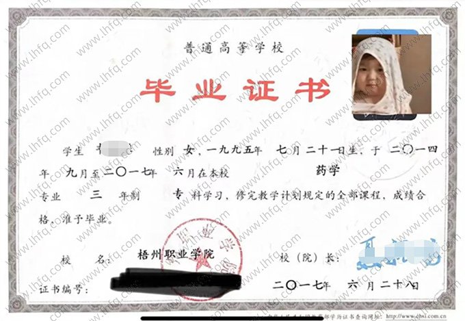 梧州职业学院2017年普通全日制专科毕业证书样本图片（药学）