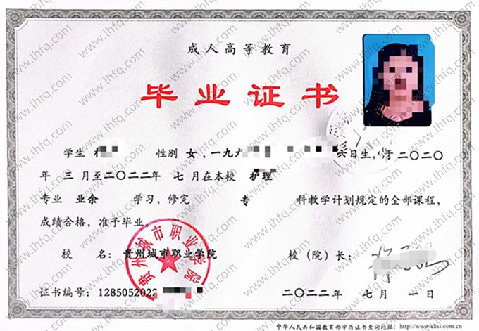 贵州城市职业学院2022年业余专科毕业证书样本图片（护理）