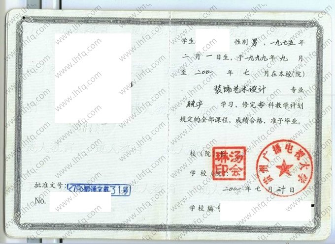 贵州广播电视大学2001年脱产专科毕业证书样本图片（装饰艺术设计）