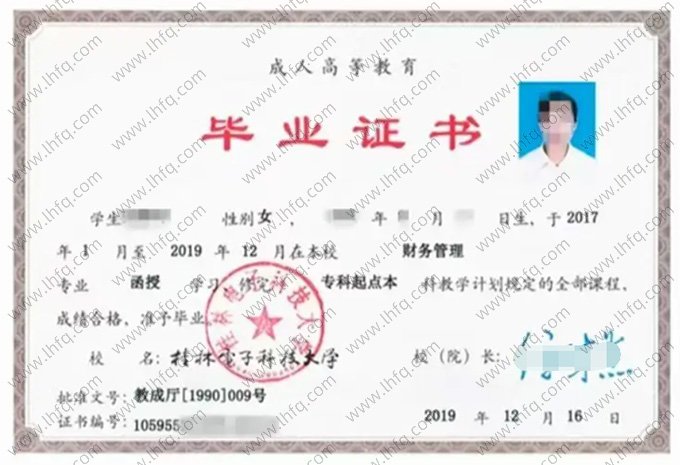 桂林电子科技大学2019年函授专科起点本科毕业证书样本图片（财务管理）