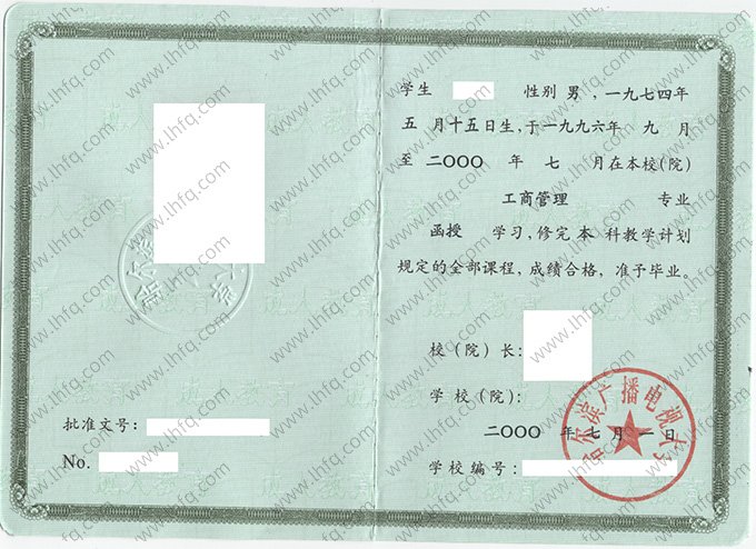 哈尔滨广播电视大学2000年函授本科毕业证书样本图片（工商管理）