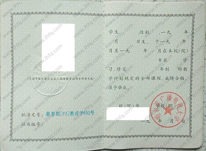 哈尔滨广播电视大学1996年函授专科毕业证书样本图片（手写）