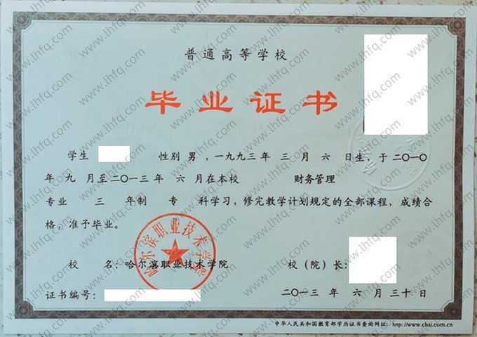 哈尔滨职业技术学院2013年普通全日制专科毕业证书样本图片（财务管理）