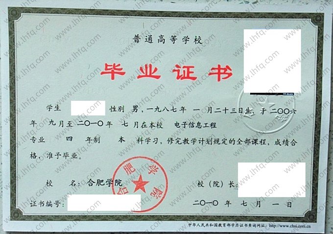 合肥学院2010年普通全日制本科毕业证书样本图片（电子信息工程）