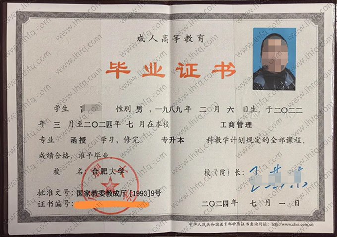 合肥大学2024年函授专升本科毕业证书样本图片（工商管理）