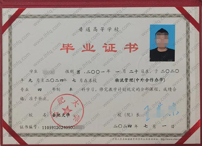 合肥大学2024年普通全日制本科毕业证书样本图片（物流管理（中外合作办学））
