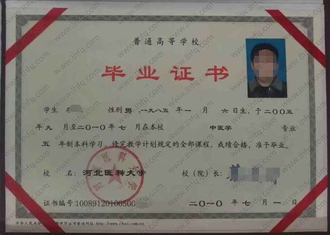 河北医科大学2010年普通全日制本科毕业证书样本图片（中医学）