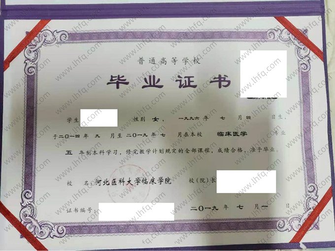 河北医科大学临床学院2019年普通全日制本科毕业证书样本图片（临床医学）