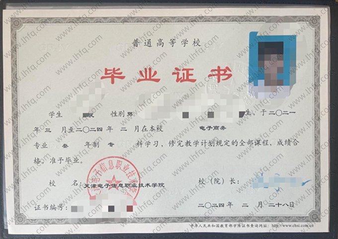 天津电子信息职业技术学院2024年普通全日制专科毕业证书样本图片（电子商务）