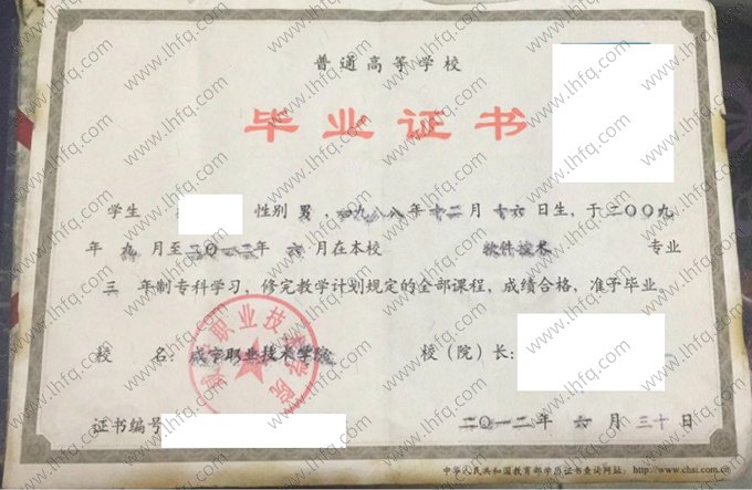 咸宁职业技术学院2012年普通全日制专科毕业证书样本图片（软件技术）