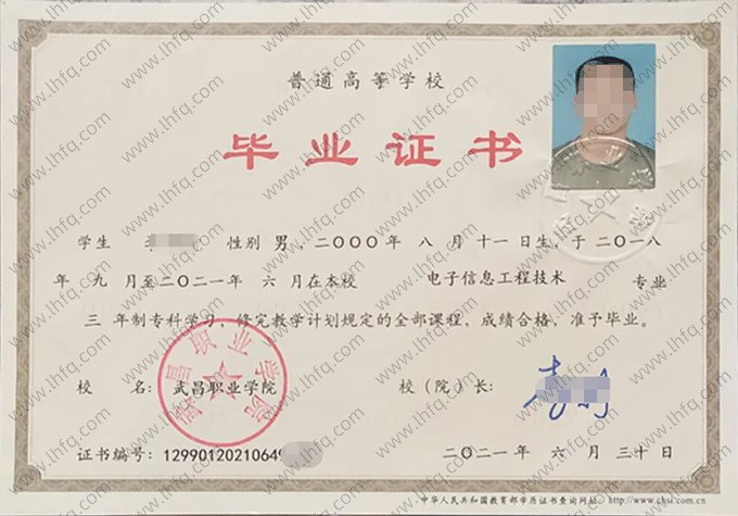 武昌职业学院2021年普通全日制专科毕业证书样本图片（电子信息工程技术）