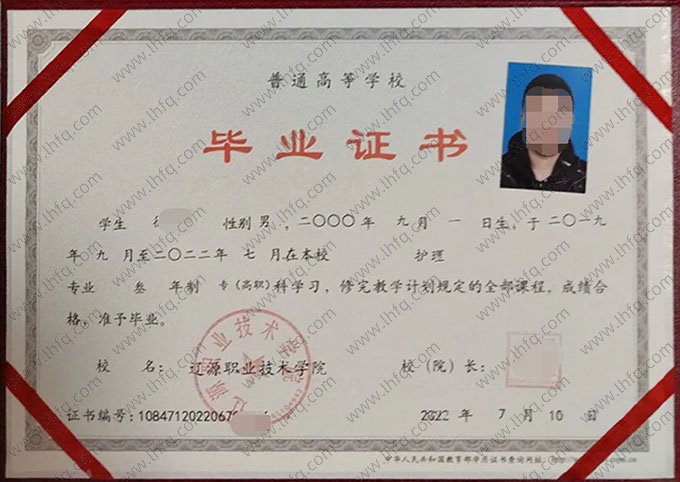 辽源职业技术学院2022年普通全日制专科高职毕业证书样本图片（护理）