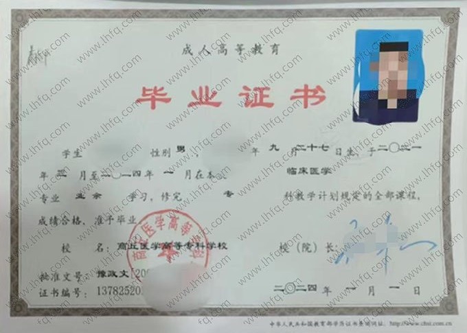 商丘医学高等专科学校2024年业余专科毕业证书样本图片（临床医学）