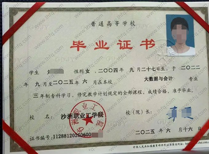 沙洲职业工学院毕业证样本图片