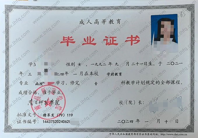 南昌师范学院2024年函授专科毕业证书样本图片（学前教育）