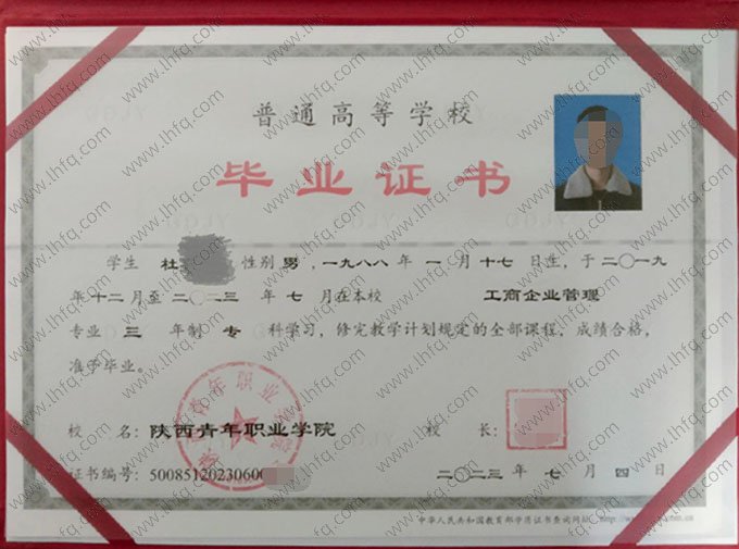 陕西青年职业学院毕业证样本图片