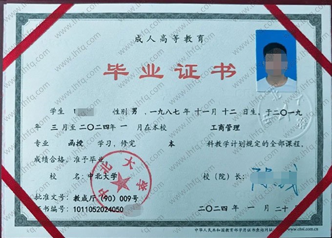 中北大学2024年函授本科毕业证书样本图片（工商管理）