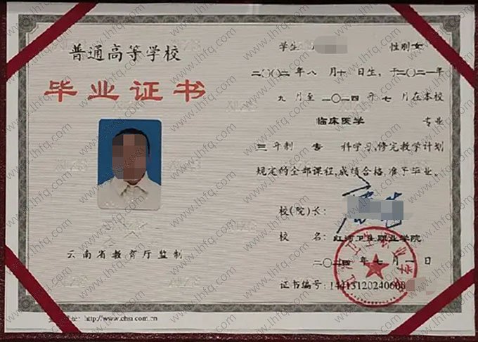 红河卫生职业学院2024年普通全日制专科毕业证书样本图片（临床医学）