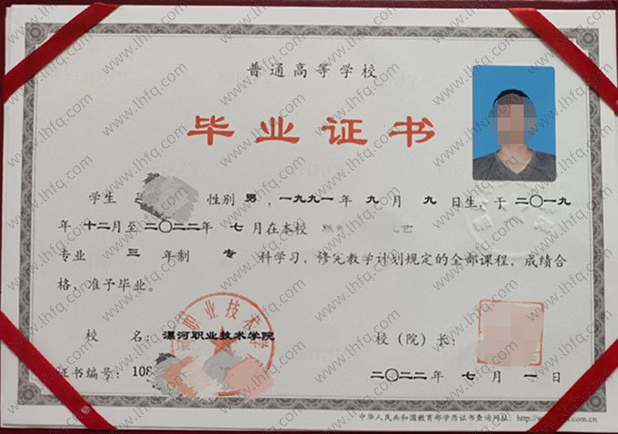 漯河职业技术学院2022年普通全日制专科毕业证书样本图片（服装设计与工艺）