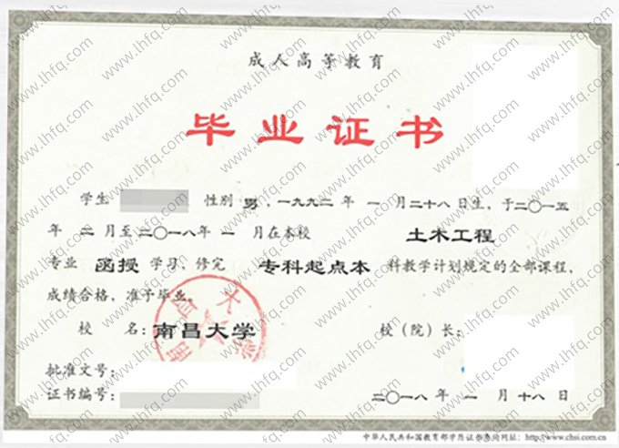 南昌大学2018年函授专科起点本科毕业证书样本图片（土木工程）