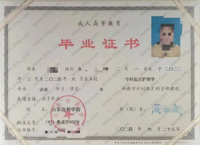 山东协和学院2024年业余本科毕业证书样本图片（护理学）