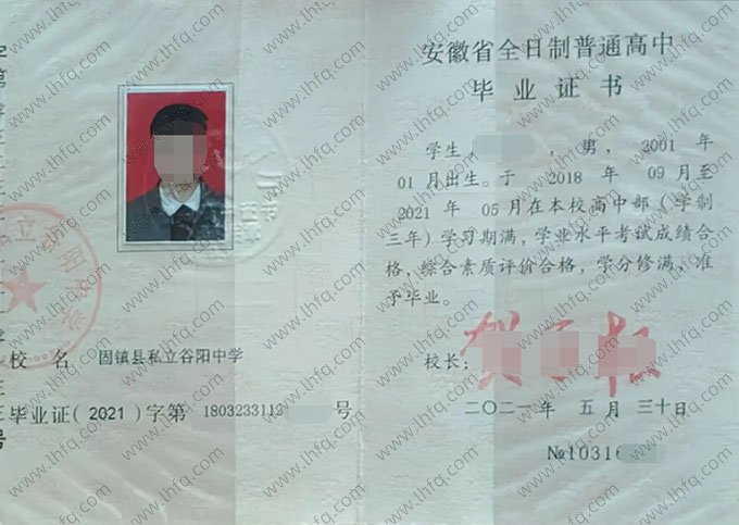 固镇县私立谷阳中学高中毕业证样本图片