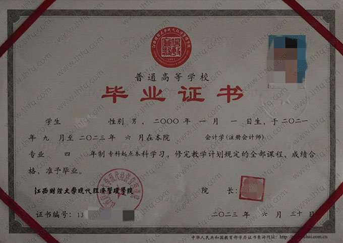 江西财经大学现代经济管理学院毕业证样本图片