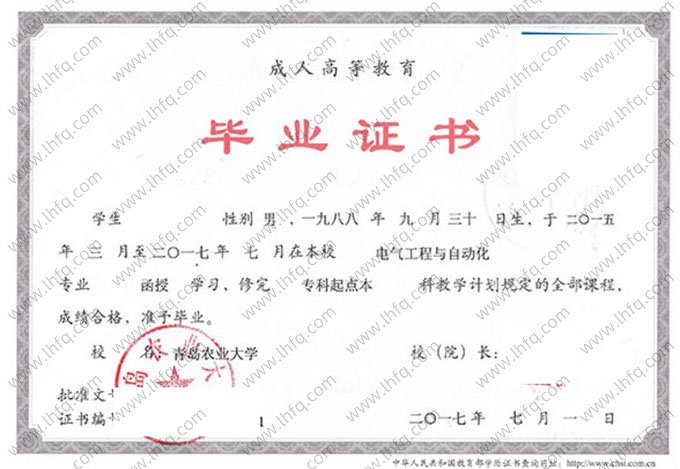 青岛农业大学2017年函授专科起点本科毕业证书样本图片（电气工程与自动化）