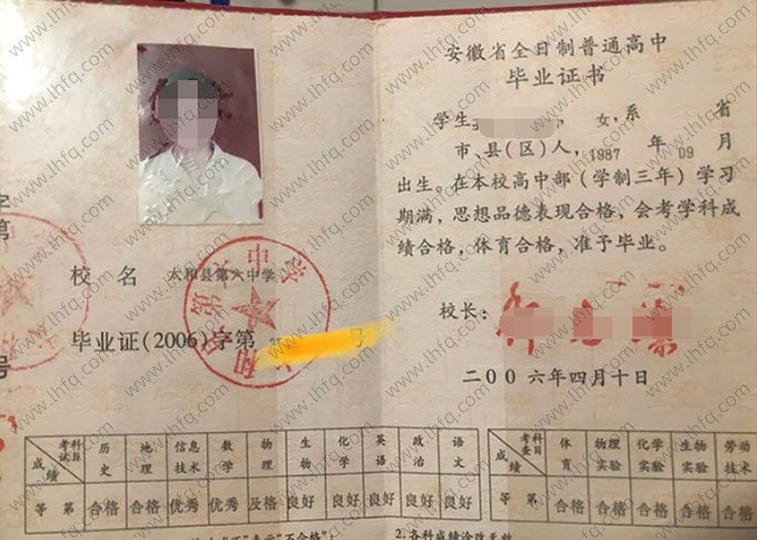 太和县第六中学高中毕业证样本图片
