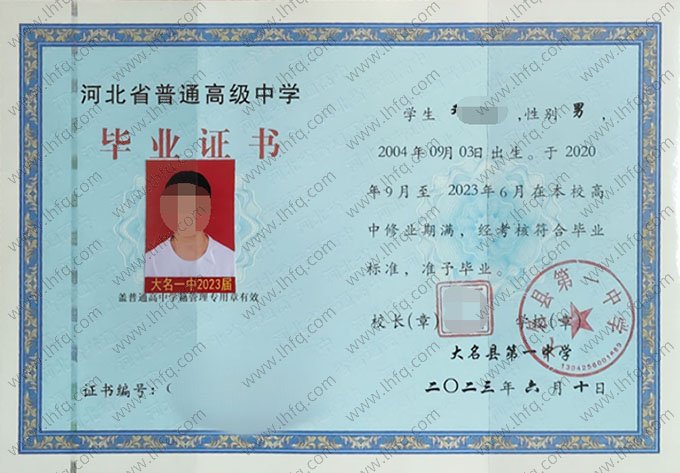 大名县第一中学高中毕业证样本图片