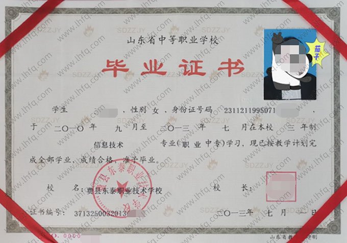 费县东泰职业技术学校2013年中专（中职）毕业证书样本图片