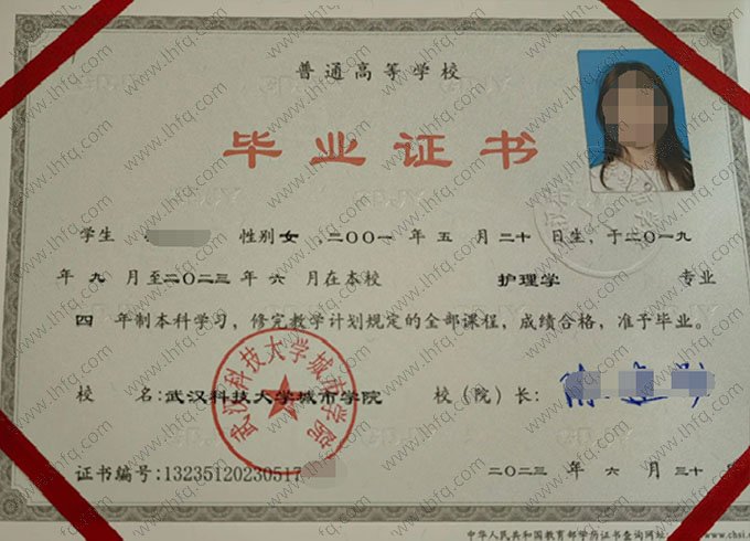 武汉科技大学城市学院2023年普通全日制本科毕业证书样本图片（护理学）