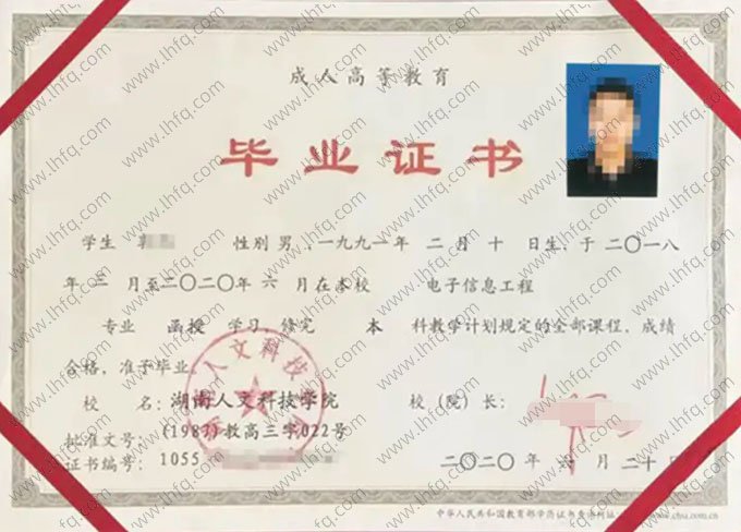 湖南人文科技学院2020年函授本科毕业证书样本图片（电子信息工程）