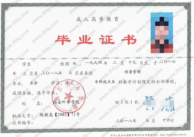 西安外事学院2018年业余专科起点本科毕业证书样本图片（财务管理）
