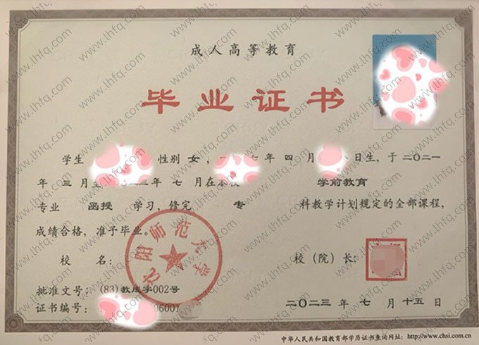 沈阳师范大学2023年函授专科毕业证书样本图片（学前教育）