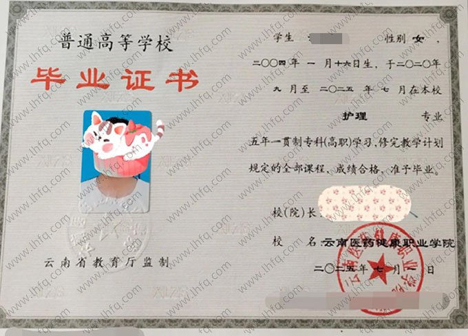 云南医药健康职业学院毕业证样本图片