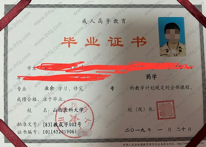 山西医科大学2019年业余专科毕业证书样本图片（药学）