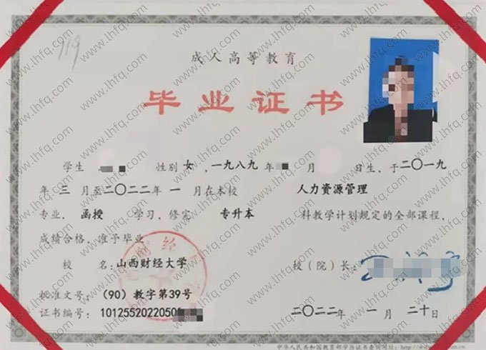山西财经大学2022年函授专升本科毕业证书样本图片（人力资源管理）