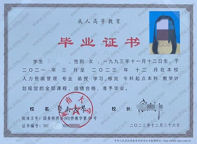 暨南大学2023年函授专科起点本科毕业证书样本图片（人力资源管理）