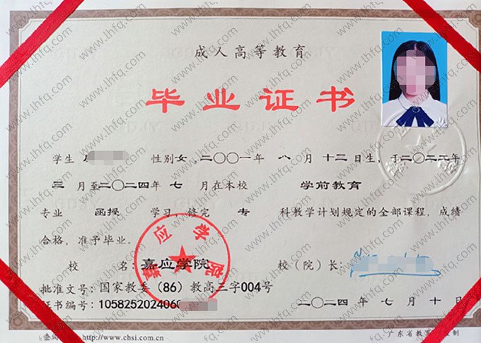 嘉应学院2024年函授专科毕业证书样本图片（学前教育）